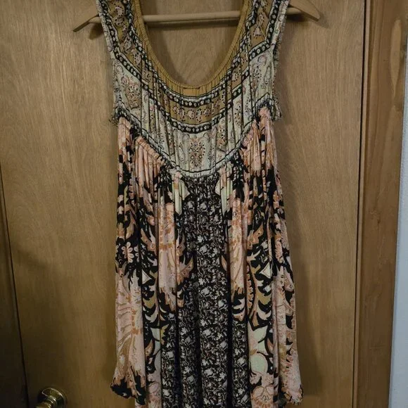 Free People Bali Mariposa Mini Slip Dress Tunic XL Floral Brown Combo EUC - Picture 3 of 5